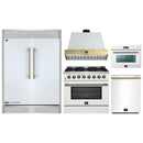 Forno 5-Piece Appliance Package - 36-Inch Galiano Dual Fuel Range, Wall Mount Range Hood, 60-Inch Refrigerator, Dishwasher, & 24-Inch Microwave Oven in White with Antique Brass Handle