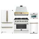 Forno Galiano 5-Piece Appliance Package - 36-Inch Dual Fuel Range, 36-Inch Hood, 36-Inch Refrigerator, 24-Inch Dishwasher, & 24-Inch Microwave Oven in White with Antique Brass Trim
