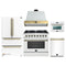Forno Galiano 5-Piece Appliance Package - 36-Inch Dual Fuel Range, 36-Inch Hood, 36-Inch Refrigerator, 24-Inch Dishwasher, & 24-Inch Microwave Oven in White with Antique Brass Trim