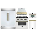 Forno 5-Piece Appliance Package - 36-Inch Dual Fuel Range, Wall Mount Range Hood, 60-Inch Refrigerator, Dishwasher, & 30-Inch Microwave Oven in White with Antique Brass Handle