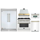 Forno 5-Piece Appliance Package - 36-Inch Galiano Dual Fuel Range, Wall Mount Range Hood, 60-Inch Refrigerator, Dishwasher, & 30-Inch Microwave Oven in White with Antique Brass Handle