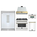 Forno 5-Piece Appliance Package - 36-Inch Galiano Dual Fuel Range, Wall Mount Range Hood, 60-Inch Refrigerator, Dishwasher, & 30-Inch Microwave Oven in White with Antique Brass Handle