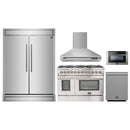 Forno 5-Piece Appliance Package - 48-Inch Dual Fuel Range, Wall Mount Range Hood, 60-Inch Refrigerator, Dishwasher, and 24-Inch Microwave Drawer in Stainless Steel