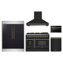 Forno 5-Piece Appliance Package - 48-Inch Dual Fuel Range, Wall Mount Range Hood, 60-Inch Refrigerator, Dishwasher, and 24-Inch Microwave Drawer in Black with Antique Brass Handle