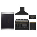 Forno 5-Piece Appliance Package - 48-Inch Dual Fuel Range, Wall Mount Range Hood, 60-Inch Refrigerator, Dishwasher, and 30-Inch Microwave Drawer in Black with Antique Brass Handle