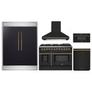 Forno 5-Piece Appliance Package - 48-Inch Dual Fuel Range, Wall Mount Range Hood, 60-Inch Refrigerator, Dishwasher, and 30-Inch Microwave Drawer in Black with Antique Brass Handle