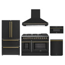 Forno 5-Piece Appliance Package - 48-Inch Dual Fuel Range, Wall Mount Range Hood, 36-Inch Refrigerator, Dishwasher, and 30-Inch Microwave Drawer in Black with Antique Brass Handle