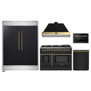 Forno 5-Piece Appliance Package - 48-Inch Dual Fuel Range, 60-Inch Convertible Refrigerator with Modern Trim, Dishwasher, and 24-Inch Microwave Drawer in Black with Antique Brass Handle