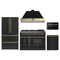 Forno Galiano 5-Piece Appliance Package - 48-Inch Dual Fuel Range, 48-Inch Hood, 36-Inch Refrigerator, 24-Inch Dishwasher, & 24-Inch Microwave Drawer in Black with Antique Brass Trim