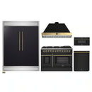 Forno 5-Piece Appliance Package - 48-Inch Dual Fuel Range, 60-Inch Convertible Refrigerator with Modern Trim, Dishwasher, and 30-Inch Microwave Drawer in Black with Antique Brass Handle