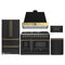 Forno Galiano 5-Piece Appliance Package - 48-Inch Dual Fuel Range, 48-Inch Hood, 36-Inch Refrigerator, 24-Inch Dishwasher, & 30-Inch Microwave Drawer in Black with Antique Brass Trim