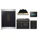 Forno 5-Piece Appliance Package - 48-Inch Dual Fuel Range, 60-Inch Convertible Refrigerator with Modern Trim, Dishwasher, and 24-Inch Microwave Oven in Black with Antique Brass Handle