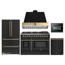 Forno Galiano 5-Piece Appliance Package - 48-Inch Dual Fuel Range, 48-Inch Hood, 36-Inch Refrigerator, 24-Inch Dishwasher, & 24-Inch Microwave Oven in Black with Antique Brass Trim