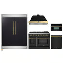 Forno 5-Piece Appliance Package - 48-Inch Dual Fuel Range, 60-Inch Convertible Refrigerator with Modern Trim, Dishwasher, and 30-Inch Microwave Oven in Black with Antique Brass Handle
