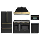 Forno Galiano 5-Piece Appliance Package - 48-Inch Dual Fuel Range, 48-Inch Hood, 36-Inch Refrigerator, 24-Inch Dishwasher, & 30-Inch Microwave Oven in Black with Antique Brass Trim
