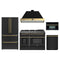 Forno Galiano 5-Piece Appliance Package - 48-Inch Dual Fuel Range, 48-Inch Hood, 36-Inch Refrigerator, 24-Inch Dishwasher, & 30-Inch Microwave Oven in Black with Antique Brass Trim