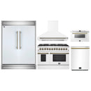 Forno 5-Piece Appliance Package - 48-Inch Dual Fuel Range, Wall Mount Range Hood, 60-Inch Refrigerator, Dishwasher, and 24-Inch Microwave Drawer in White with Antique Brass Handle