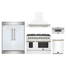 Forno 5-Piece Appliance Package - 48-Inch Dual Fuel Range, Wall Mount Range Hood, 60-Inch Refrigerator, Dishwasher, and 30-Inch Microwave Drawer in White with Antique Brass Handle