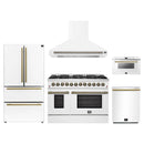 Forno 5-Piece Appliance Package - 48-Inch Dual Fuel Range, Wall Mount Range Hood, 36-Inch Refrigerator, Dishwasher, and 24-Inch Microwave Drawer in White with Antique Brass Handle