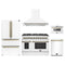 Forno 5-Piece Appliance Package - 48-Inch Galiano Dual Fuel Range, Wall Mount Range Hood, 36-Inch Refrigerator, Dishwasher, and 24-Inch Microwave Drawer in White with Antique Brass Trim