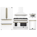 Forno 5-Piece Appliance Package - 48-Inch Dual Fuel Range, Wall Mount Range Hood, 36-Inch Refrigerator, Dishwasher, and 24-Inch Microwave Drawer in White with Antique Brass Handle