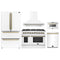 Forno 5-Piece Appliance Package - 48-Inch Dual Fuel Range, Wall Mount Range Hood, 36-Inch Refrigerator, Dishwasher, and 24-Inch Microwave Drawer in White with Antique Brass Handle