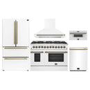 Forno 5-Piece Appliance Package - 48-Inch Dual Fuel Range, Wall Mount Range Hood, 36-Inch Refrigerator, Dishwasher, and 30-Inch Microwave Drawer in White with Antique Brass Handle