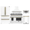 Forno 5-Piece Appliance Package - 48-Inch Dual Fuel Range, Wall Mount Range Hood, 36-Inch Refrigerator, Dishwasher, and 30-Inch Microwave Drawer in White with Antique Brass Handle