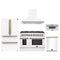 Forno 5-Piece Appliance Package - 48-Inch Galiano Dual Fuel Range, Wall Mount Range Hood, 36-Inch Refrigerator, Dishwasher, and 30-Inch Microwave Drawer in White with Antique Brass Trim