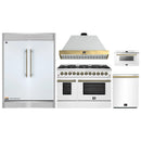 Forno 5-Piece Appliance Package - 48-Inch Galiano Dual Fuel Range, Wall Mount Range Hood, 60-Inch Refrigerator, Dishwasher, & 24-Inch Microwave Drawer in White with Antique Brass Handle