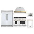 Forno 5-Piece Appliance Package - 48-Inch Galiano Dual Fuel Range, Wall Mount Range Hood, 60-Inch Refrigerator, Dishwasher, & 24-Inch Microwave Drawer in White with Antique Brass Handle