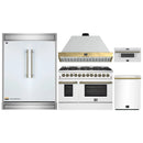 Forno 5-Piece Appliance Package - 48-Inch Dual Fuel Range, Wall Mount Range Hood, 60-Inch Refrigerator, Dishwasher, & 30-Inch Microwave Drawer in White with Antique Brass Handle