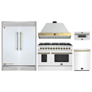 Forno 5-Piece Appliance Package - 48-Inch Galiano Dual Fuel Range, Wall Mount Range Hood, 60-Inch Refrigerator, Dishwasher, & 30-Inch Microwave Drawer in White with Antique Brass Handle