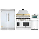 Forno 5-Piece Appliance Package - 48-Inch Galiano Dual Fuel Range, Wall Mount Range Hood, 60-Inch Refrigerator, Dishwasher, & 24-Inch Microwave Oven in White with Antique Brass Handle