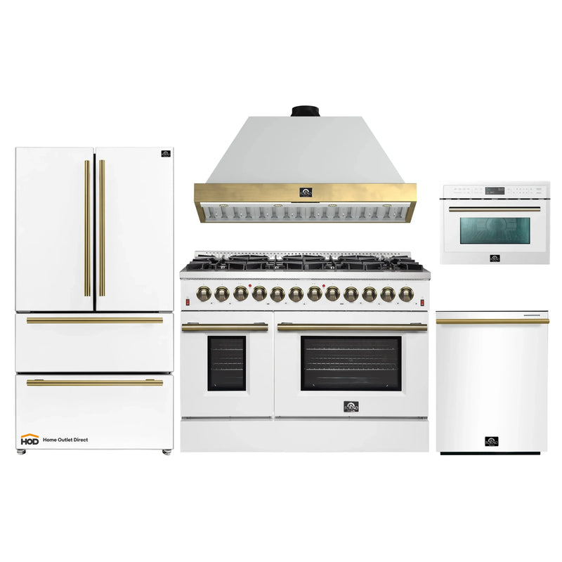 Forno Galiano 5-Piece Appliance Package - 48-Inch Dual Fuel Range, 48-Inch Hood, 36-Inch Refrigerator, 24-Inch Dishwasher, & 24-Inch Microwave Oven in White with Antique Brass Trim