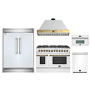 Forno 5-Piece Appliance Package - 48-Inch Dual Fuel Range, Wall Mount Range Hood, 60-Inch Refrigerator, Dishwasher, & 30-Inch Microwave Oven in White with Antique Brass Handle