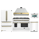 Forno Galiano 5-Piece Appliance Package - 48-Inch Dual Fuel Range, 48-Inch Hood, 36-Inch Refrigerator, 24-Inch Dishwasher, & 30-Inch Microwave Oven in White with Antique Brass Trim