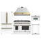 Forno Galiano 5-Piece Appliance Package - 48-Inch Dual Fuel Range, 48-Inch Hood, 36-Inch Refrigerator, 24-Inch Dishwasher, & 30-Inch Microwave Oven in White with Antique Brass Trim