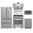 Forno 5-Piece Pro Appliance Package - 30-Inch Dual Fuel Range, Refrigerator, Wall Mount Hood with Backsplash, 30-Inch Microwave Drawer, & 3-Rack Dishwasher in Stainless Steel