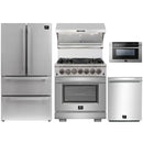 Forno 5-Piece Pro Appliance Package - 30-Inch Dual Fuel Range, Refrigerator, Wall Mount Hood with Backsplash, 24-Inch Microwave Drawer, & 3-Rack Dishwasher in Stainless Steel