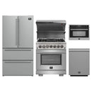 Forno 5-Piece Pro Appliance Package - 30-Inch Dual Fuel Range, Refrigerator, Wall Mount Hood with Backsplash, 24-Inch Microwave Oven, & 3-Rack Dishwasher in Stainless Steel