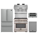 Forno 5-Piece Pro Appliance Package - 36-Inch Dual Fuel Range, 36-Inch Refrigerator, Wall Mount Hood with Backsplash, 30-Inch Microwave Drawer, & 3-Rack Dishwasher in Stainless Steel