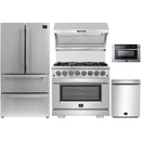 Forno 5-Piece Pro Appliance Package - 36-Inch Dual Fuel Range, 36-Inch Refrigerator, Wall Mount Hood with Backsplash, 24-Inch Microwave Drawer, & 3-Rack Dishwasher in Stainless Steel