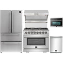 Forno 5-Piece Pro Appliance Package - 36-Inch Dual Fuel Range, Refrigerator, Wall Mount Hood with Backsplash, 24-Inch Microwave Oven, & 3-Rack Dishwasher in Stainless Steel