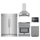 Forno 5-Piece Appliance Package - 30-Inch Dual Fuel Range with Air Fryer, 60-Inch Pro-Style Refrigerator, Wall Mount Hood, 24-Inch Microwave Drawer, & 3-Rack Dishwasher in Stainless Steel