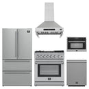 Forno 5-Piece Appliance Package - 30-Inch Dual Fuel Range with Air Fryer, Refrigerator, Wall Mount Hood, 24-Inch Microwave Oven, & 3-Rack Dishwasher in Stainless Steel