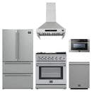Forno 5-Piece Appliance Package - 30-Inch Dual Fuel Range with Air Fryer, Refrigerator, Wall Mount Hood, 24-Inch Microwave Drawer, & 3-Rack Dishwasher in Stainless Steel