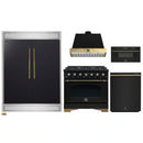 Forno 5-Piece Appliance Package - 36-Inch Gas Range, Wall Mount Range Hood, 60-Inch Convertible Refrigerator with Modern Trim, Dishwasher, and 30-Inch Microwave Drawer in Black with Antique Brass Handle