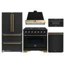 Forno Antico 5-Piece Appliance Package - 36-Inch Gas Range, 36-Inch Hood, 36-Inch Refrigerator, 24-Inch Dishwasher, & 30-Inch Microwave Drawer in Black with Antique Brass Trim