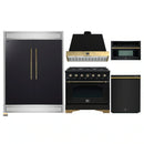 Forno 5-Piece Appliance Package - 36-Inch Gas Range, Wall Mount Range Hood, 60-Inch Convertible Refrigerator with Modern Trim, Dishwasher, and 30-Inch Microwave Oven in Black with Antique Brass Handle
